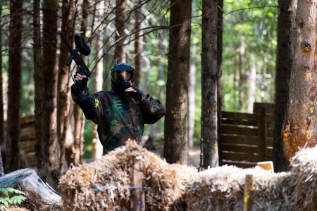 Paintball player lost his gameの写真素材