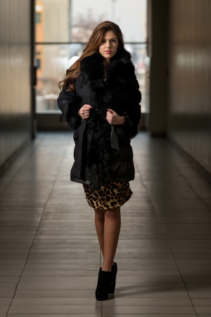 Glamour Fashion Model Wearing Black Winter Jacketの写真素材