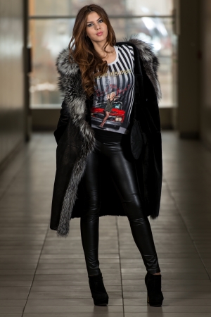 Fashion Model Wearing Long Fur Coatの写真素材