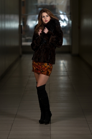 Beautiful Woman Wearing A Brown Long Fur Coatの写真素材