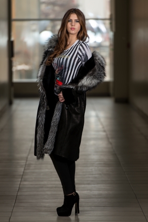 Fashion Model Wearing Long Fur Coatの写真素材