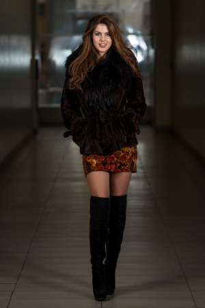 Beautiful Woman Wearing A Brown Long Fur Coatの写真素材