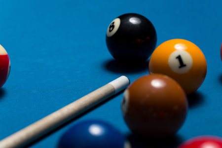Pool Table With Balls And Cue Stick