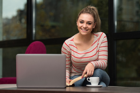 Young Female Student Drinking And Having Fun With Laptop In Cafeteriaの写真素材