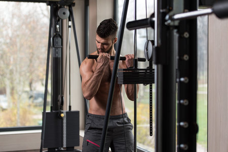 Young Handsome Man Exercise Biceps On Cable Machine