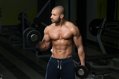 Bodybuilder Working Out Biceps - Dumbbell Concentration Curlsの写真素材