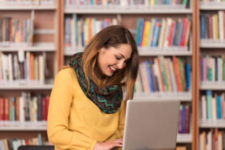 In The Library - Beautiful Female Student With Laptop And Books Working In A High School -...