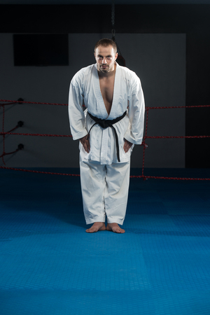Young Man Practicing His Karate Moves - White Kimono - Black Beltの写真素材