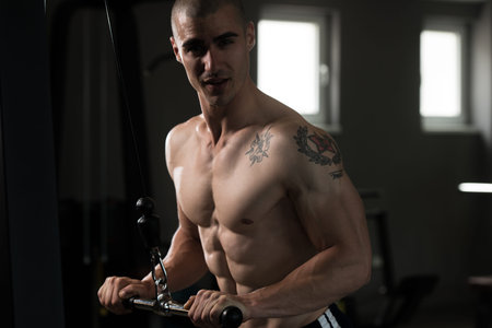 Young Muscular Fitness Bodybuilder Doing Heavy Weight Exercise For Triceps In The Gym