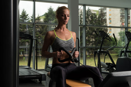 Young Fitness Woman Working Out Back On Machine In Fitness Center