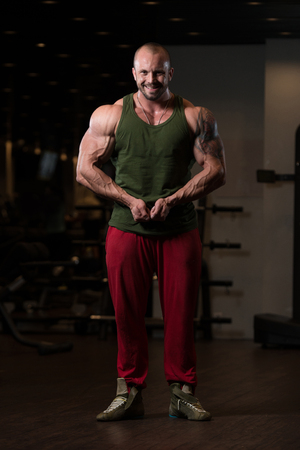 Bodybuilder Posing In Different Poses Demonstrating Their Muscles - Male Showing Muscles Straining - Beautiful Muscular Body Athleteの写真素材