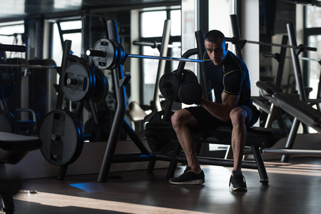 Athlete Working Out Biceps In A Gym - Dumbbell Concentration Curlsの写真素材