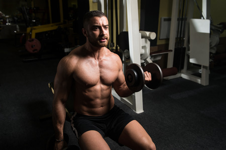 Athlete Working Out Biceps In A Gym - Dumbbell Concentration Curlsの写真素材