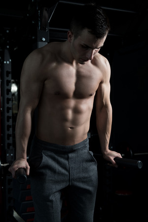 Muscular Fitness Bodybuilder Doing Heavy Weight Exercise For Triceps And Chest on Parallel Bars In The Gymの写真素材