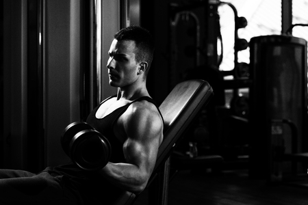Athlete Working Out Biceps In A Gym - Dumbbell Concentration Curlsの写真素材