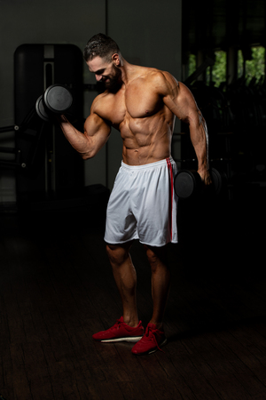 Man Working Out Biceps In A Gym - Dumbbell Concentration Curlsの写真素材