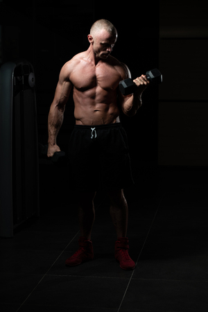 Man Working Out Biceps In A Gym - Dumbbell Concentration Curlsの写真素材
