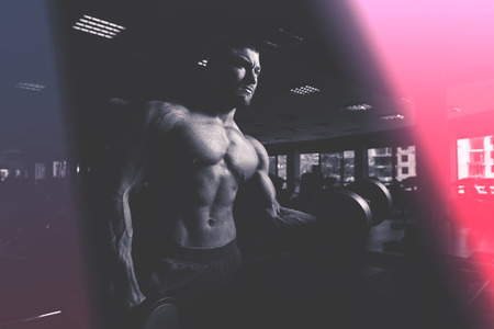 Athlete Working Out Biceps In A Gym - Dumbbell Concentration Curlsの写真素材