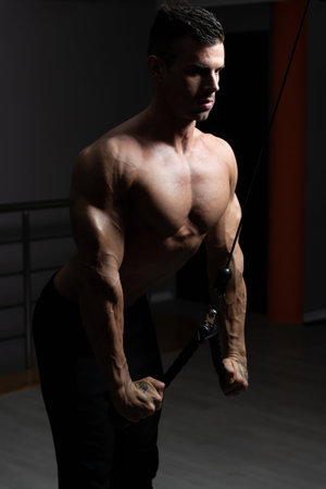 Young Muscular Fitness Bodybuilder Doing Heavy Weight Exercise For Triceps On Machine In The Gym