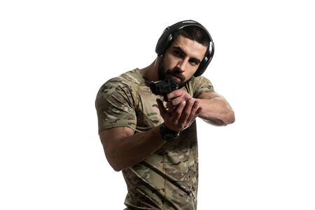 American Marine Corps Special Operations Modern Warfare Soldier With Fire Arm Weapon Ready for Battle on White Backgroundの写真素材