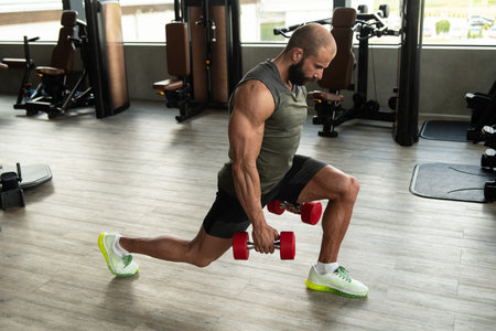 Strong Man In The Gym Exercising Legs With Dumbbells - Muscular Athletic Bodybuilder Fitness Model...