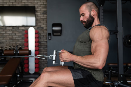 Muscular Fitness Bodybuilder Doing Heavy Weight Exercise For Back On Machine With Cable In The Gym