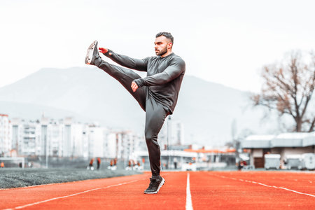 Portrait of Fit and Sporty Young Man Doing Stretching in the Park