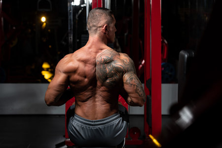 Handsome Bodybuilder Doing Heavy Weight Exercise For Back On Machine