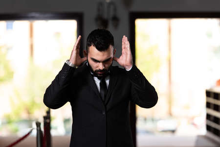 Businessman Muslim Making Traditional Prayer to God Allah in the Mosqueの写真素材