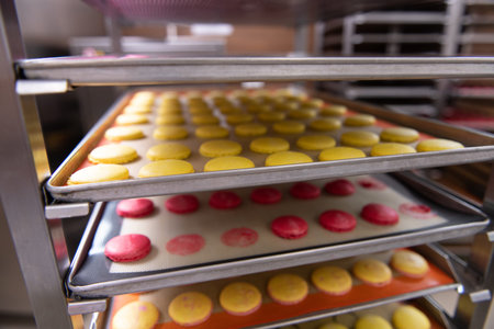 Close Up Colorful Macarons Dessert on the Shelf