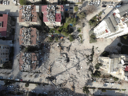 Antakya, Hatay, Turkey Drone Footage - February 11th, 2023: Turkey Earthquake, Kahramanmaras, Gaziantep, Adana, Hatay, Adiyaman February 2023, Earthquake Scenesのeditorial素材