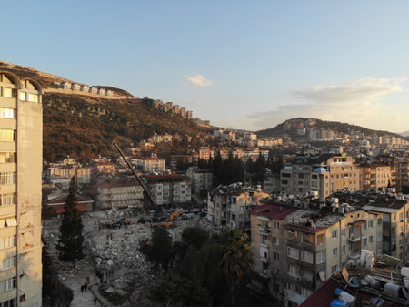 Antakya, Hatay, Turkey Drone Footage - February 10th, 2023: Turkey Earthquake, Kahramanmaras, Gaziantep, Adana, Hatay, Adiyaman February 2023, Earthquake Scenesのeditorial素材