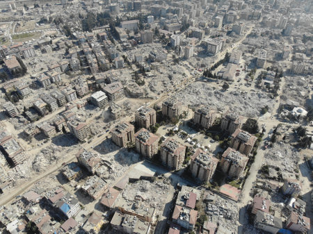 Antakya, Hatay, Turkey Drone Footage - February 16th, 2023: Turkey Earthquake, Kahramanmaras, Gaziantep, Adana, Hatay, Adiyaman February 2023, Earthquake Scenesのeditorial素材