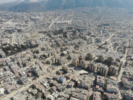 Antakya, Hatay, Turkey Drone Footage - February 16th, 2023: Turkey Earthquake, Kahramanmaras, Gaziantep, Adana, Hatay, Adiyaman February 2023, Earthquake Scenesのeditorial素材