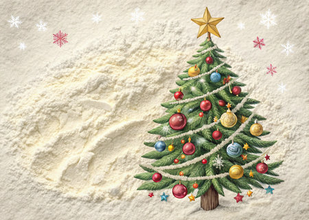 Christmas tree and snowflakes on white background with space for textの写真素材