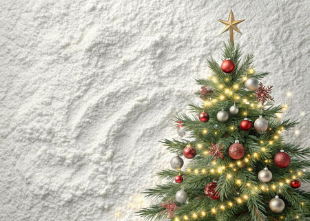 Christmas tree with decorations on snow background, top view. Space for textの写真素材