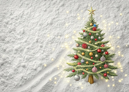 Christmas tree on snow background with bokeh effect. 3d illustrationの写真素材
