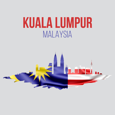 Kuala Lumpur, Malaysia flag with Kuala Lumpur skyline. vector illustration.のイラスト素材