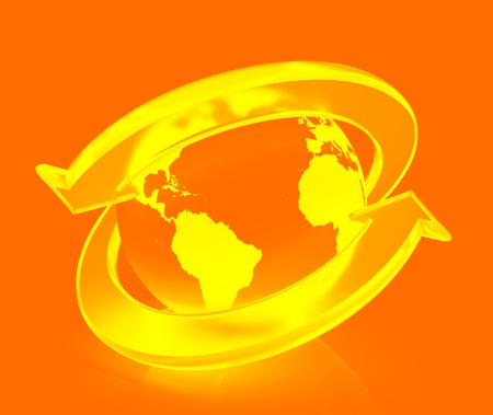 Two arrows surrounding Earth globe - 3d renderの写真素材