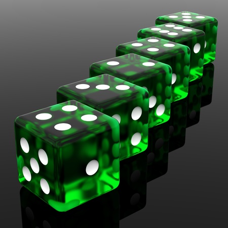 3D Green rolling dice on black backgroundの写真素材
