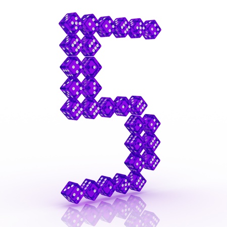 Dice font letter 5. Violet refractive dice on white background.の写真素材