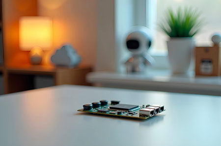 A CloseUp Perspective of an Electronic Circuit Board Featuring a Modern Workspace Setup