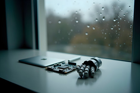 Exploring Innovative Technologies Robotic Hand and Circuit Board on a Rainy Day Experienceの写真素材