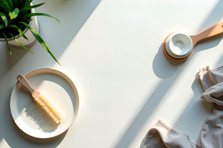 Discover Stylish Minimalist Home Care Accessories Perfectly Placed on a Bright Surfaceの写真素材