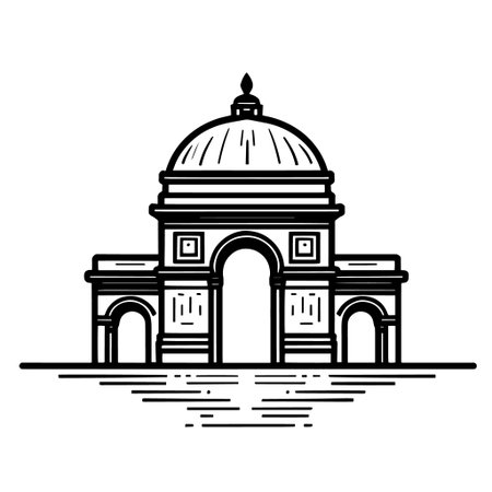 Classical Building Line Drawing Black and white vector illustrationのイラスト素材