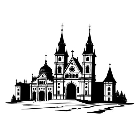 Ornate Church Facade Illustration Black and white vector illustrationのイラスト素材