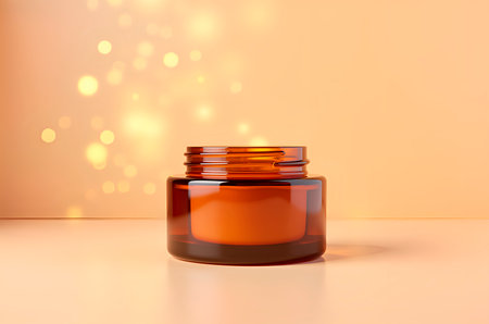 Amber glass jar with creamy cosmetic product on neutral backgrouの素材