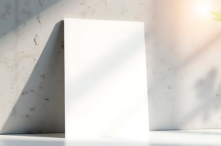 Blank White Panel on Concrete Shelf with Natural Sunlight and Shの素材