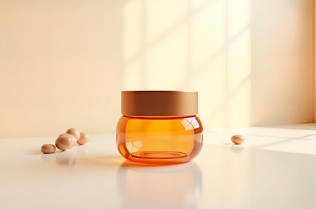 Amber Glass Jar with Natural Ingredients and Soft Sunlight Backdの素材