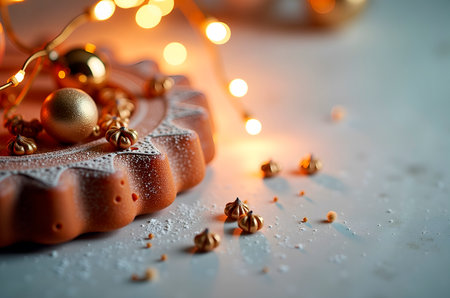 Festive Gingerbread Cake with Golden Decorations and Warm Stringの素材